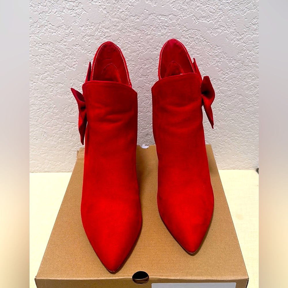 Red pointed toe stiletto booties, 7.5